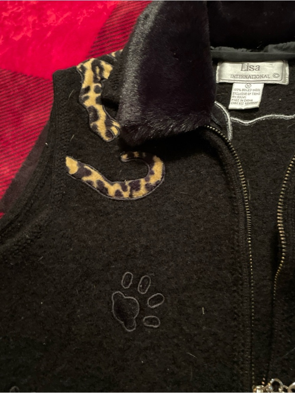 Lisa International Black Wool Vest with Leopard Appliqué - Picture 3 of 11